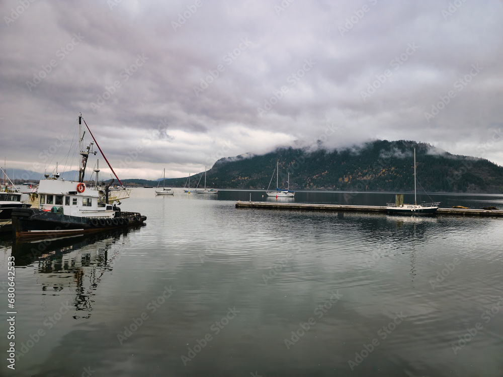 A view of Cowichan Bay marina, on a cold autumn day on Vancouver Island, British Columbia, Canada