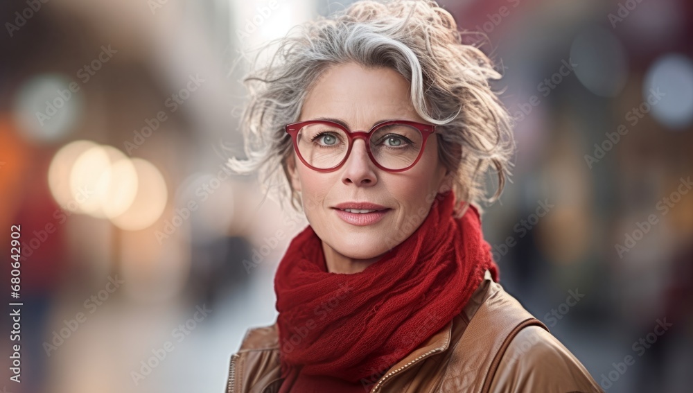 Fototapeta premium A Woman with Glasses and a Vibrant Red Scarf