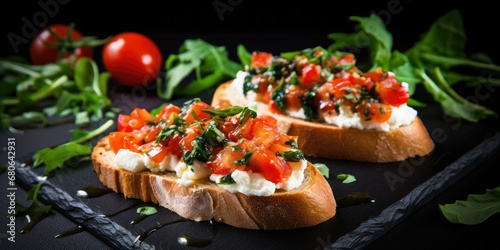 Elegant Appetizer Delight - Picture a Restaurant's Culinary Masterpiece: Crusty Bruschetta with Concasse Tomatoes photo