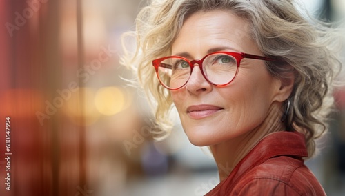A Woman With Red Glasses and a Stylish Red Jacket