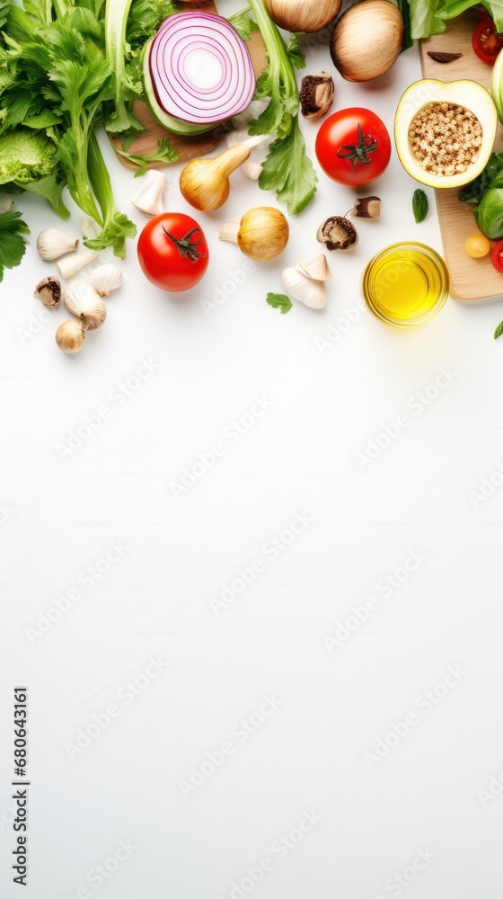 Assorted organic vegetables spread on white for a vibrant Veganuary food setting, top angle Assorted organic vegetables spread on white for a vibrant Veganuary food setting, top angle