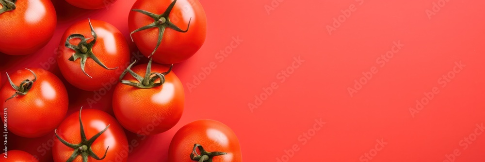 Cluster of juicy red tomatoes on a bold red background, ideal for vibrant vegan food compositions - obrazy, fototapety, plakaty 