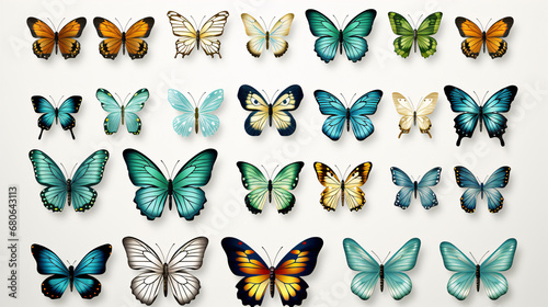 An assortment of vividly-hued watercolor butterfly illustrations for postcards, designs, and invitations. © ckybe