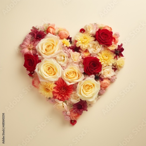 Aerial view of heart shape made of spring flowers against pastel beige background 