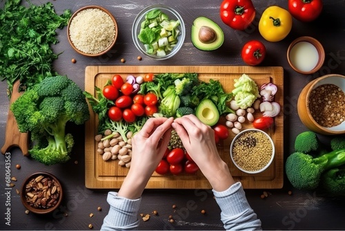 top view hands preparing a vegan meal with assorted fresh ingredients spread on dark background photo
