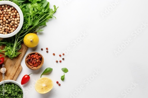 vegan cooking ingredients with chickpeas, lemon, spices on white backdrop, space for text, top view