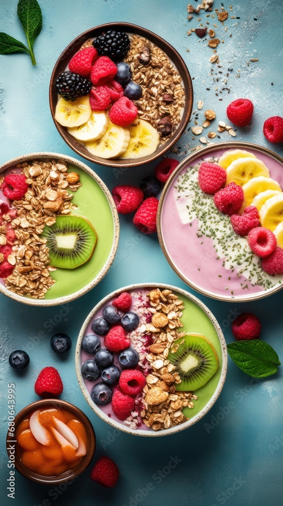 Assorted vegan smoothie bowls with granola, berries, and banana slices, turquoise backdrop Assorted vegan smoothie bowls with granola, berries, and banana slices, turquoise backdrop