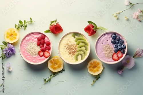 Wallpaper Mural vegan smoothie bowls with raspberries, strawberries, kiwi, and blueberries, granola and seeds. Torontodigital.ca