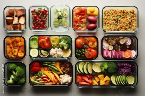 vegan meal preparation with diverse fruits, vegetables, legumes, grains in transparent containers.
