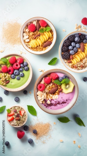 delicious vegan smoothie bowls with nuts, seeds, and colorful fruit garnishes on blue surface
