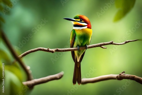 A captivating image of a Chestnut-headed Bee-eater (Merops leschenaulti) perched gracefully on a branch, set against the backdrop of a lush and blurred forest.