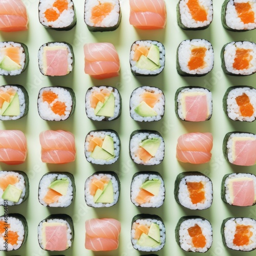 Photography pattern made of sushi rolls, perfect, symmetric, pastel background