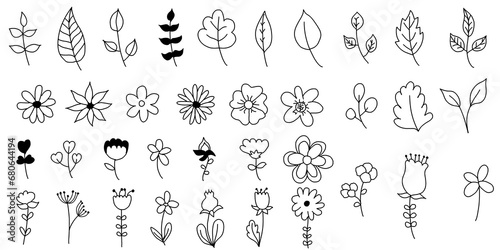 Collection of hand drawn flowers and potted plants.