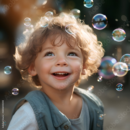 Small boy enjoying rainbow bubbles