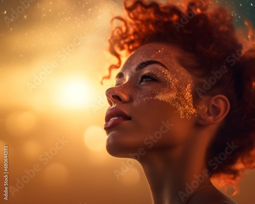 Red-haired girl with gold makeup on a blurred background  bokeh background