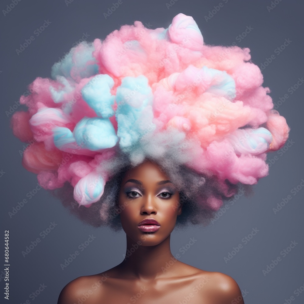 Afro girl with cotton candy on her head, pastel, crazy, creative