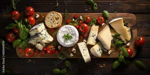 Rustic Cheese Delight - Feast Your Eyes on a Wooden Desk Adorned with Parmesan, Camembert, and Brie Cuts, Artfully Decorated with Garlic, Tomato, and Basil