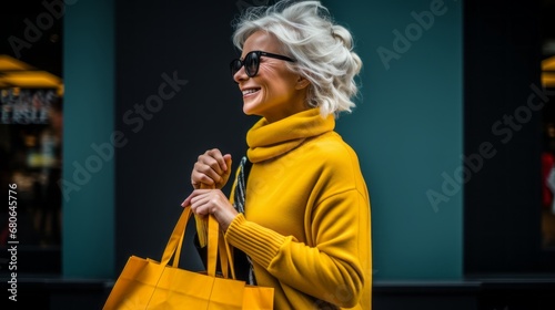 Portrait od stylish woman with shopping bags, complementary colors , full body shot