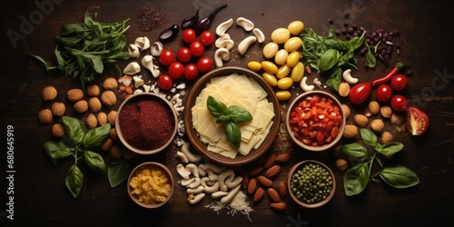 Italian Culinary Palette - From a Top View, Immerse Yourself in the World of Italian Cuisine. On a Dark Rustic Background, Raw Pasta and Traditional