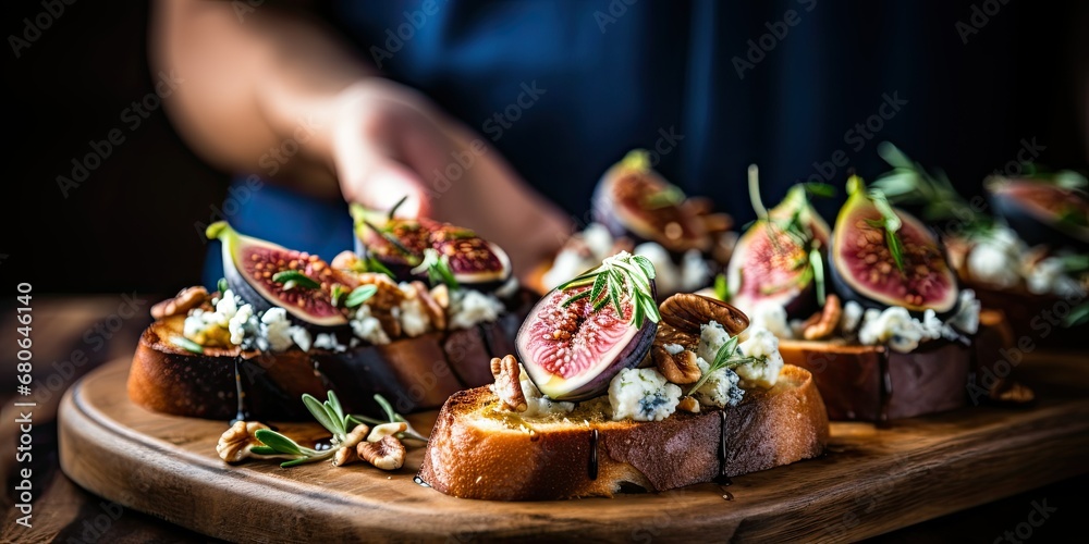 Culinary Fusion - Picture Figs Fruit Cradled in Hands in a Kitchen Setting. On the Culinary Canvas, Bruschettas Unfold with a Medley of Figs, Blue Cheese