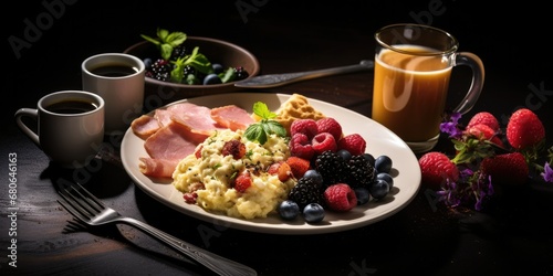 Morning Indulgence - Dive into a Breakfast Spread Featuring Scrambled Eggs, Ham, Berries, and Coffee, Set Against a Dark Background