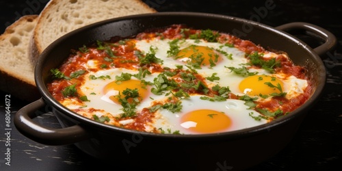 Street-side Shakshuka - Imagine Fried Eggs in Tomato Sauce Served on a Table at a Bustling Street Restaurant