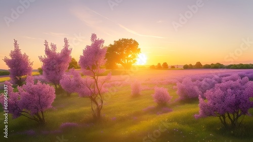 The landscape of Lilac blooms in a field  with the focus on the setting sun. Creating a warm golden hour effect during sunset and sunrise time. Lilac flowers field