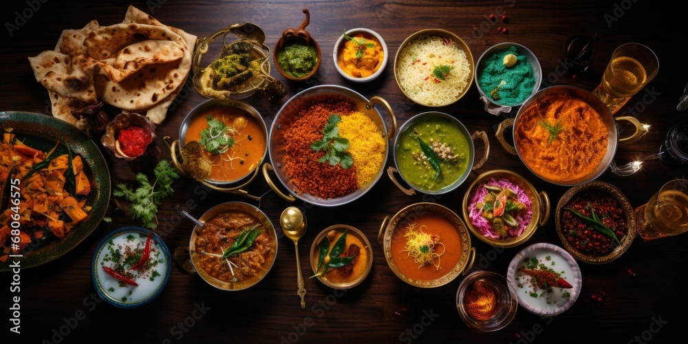 Indian Feast - Behold the Top View of a Dining Table Laden with Authentic Indian Food. Immerse Yourself in the Rich Tapestry of Traditional Indian Cuisine