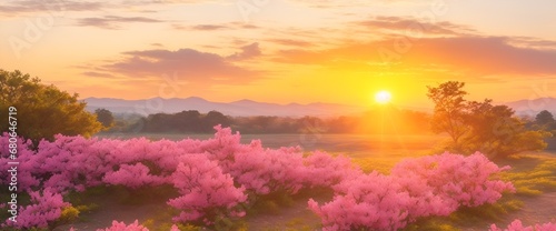 The landscape of Azalea blooms in a field, with the focus on the setting sun. Creating a warm golden hour effect during sunset and sunrise time. Azalea flowers field © Logo