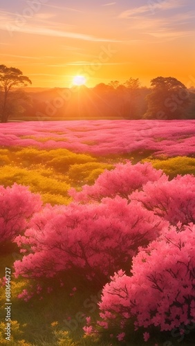 The landscape of Azalea blooms in a field, with the focus on the setting sun. Creating a warm golden hour effect during sunset and sunrise time. Azalea flowers field