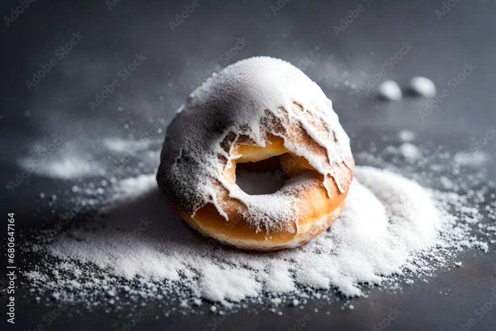 Design a macro view of a bell-shaped sugar doughnut covered in powdered sugar - obrazy, fototapety, plakaty 