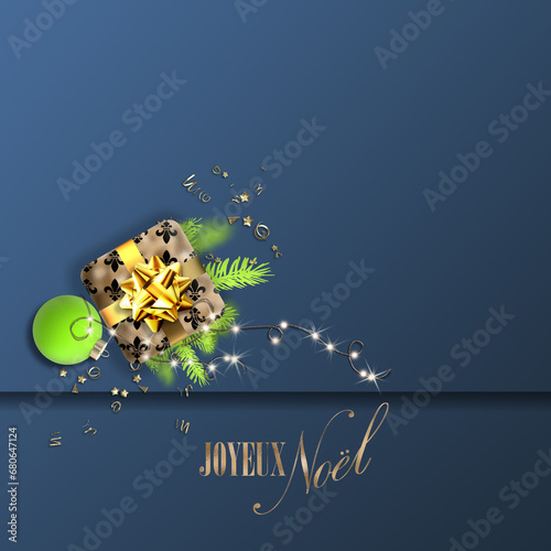 Minimalist Merry Christmas in French language. Joyeux Noel modern luxury design on dark blue. 3D gift box, golden bow, text Joyeux Noel Merry Christmas. Flat lay, above view. 3D render