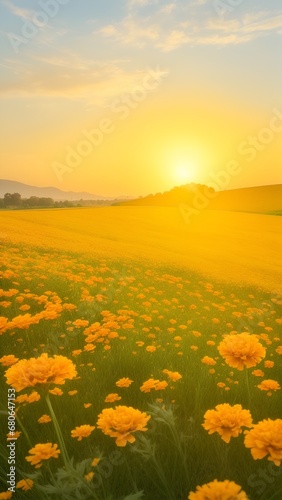 The landscape of Marigold blooms in a field  with the focus on the setting sun. Creating a warm golden hour effect during sunset and sunrise time. Marigold flowers field