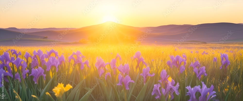 The landscape of Iris blooms in a field, with the focus on the setting sun. Creating a warm golden hour effect during sunset and sunrise time. Iris flowers field