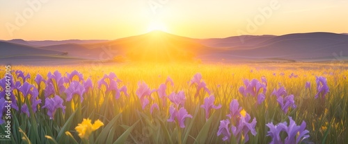 The landscape of Iris blooms in a field, with the focus on the setting sun. Creating a warm golden hour effect during sunset and sunrise time. Iris flowers field