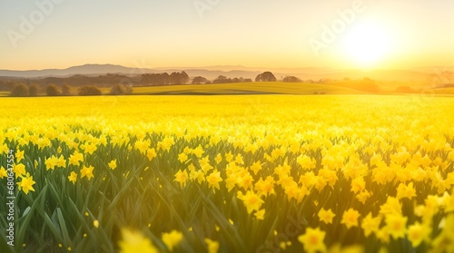 The landscape of Daffodil blooms in a field  with the focus on the setting sun. Creating a warm golden hour effect during sunset and sunrise time. Daffodil flowers field