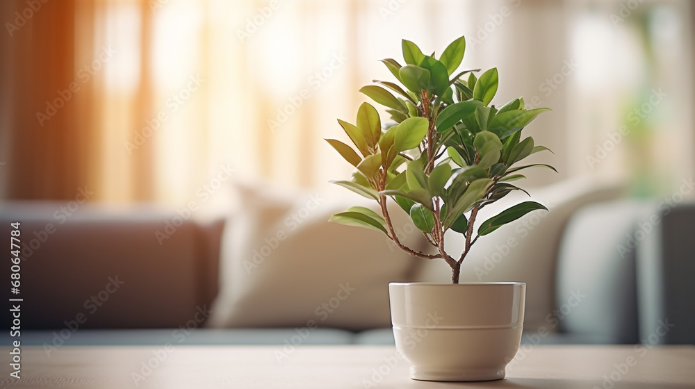 Plant in a pot on blurred living room interior background Plant in a pot on blurred living room interior background