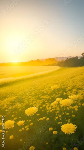 The landscape of Chrysanthemum blooms in a field  with the focus on the setting sun. Creating a warm golden hour effect during sunset and sunrise time. Chrysanthemum flowers field