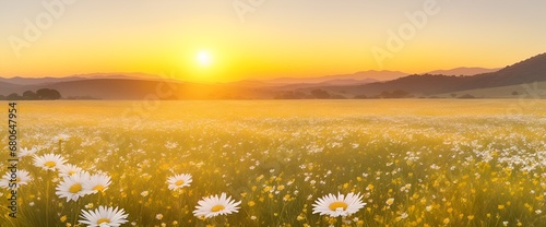 The landscape of Transvaal Daisy blooms in a field, with the focus on the setting sun. Creating a warm golden hour effect during sunset and sunrise time. Transvaal Daisy flowers field