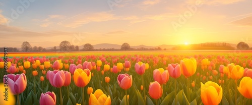 The landscape of tulips blooms in a field, with the focus on the setting sun. Creating a warm golden hour effect during sunset and sunrise time. Field of flowers