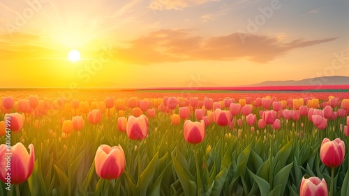 The landscape of tulips blooms in a field, with the focus on the setting sun. Creating a warm golden hour effect during sunset and sunrise time. Field of flowers © Logo