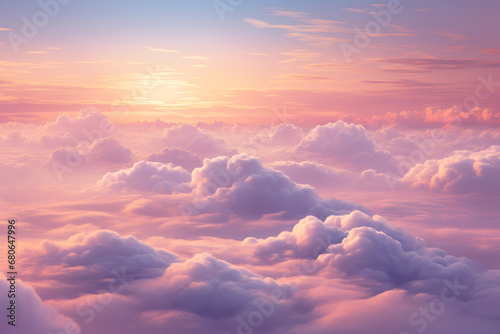 Beautiful pink sunset sky above clouds with nice dramatic light 