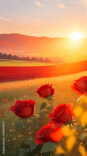 The landscape of red rose blooms in a field  with the focus on the setting sun. Creating a warm golden hour effect during sunset and sunrise time. Field of flowers