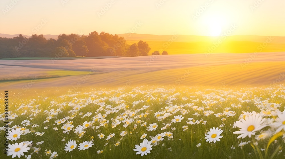 The landscape of white daisy blooms in a field, with the focus on the setting sun. Creating a warm golden hour effect during sunset and sunrise time. Field of flowers