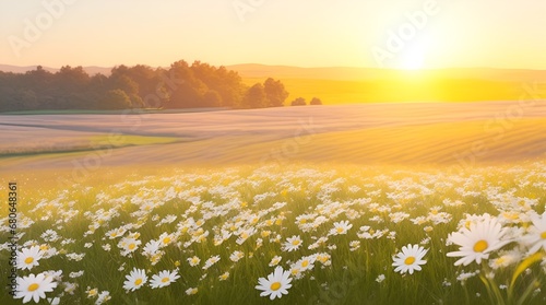 The landscape of white daisy blooms in a field, with the focus on the setting sun. Creating a warm golden hour effect during sunset and sunrise time. Field of flowers