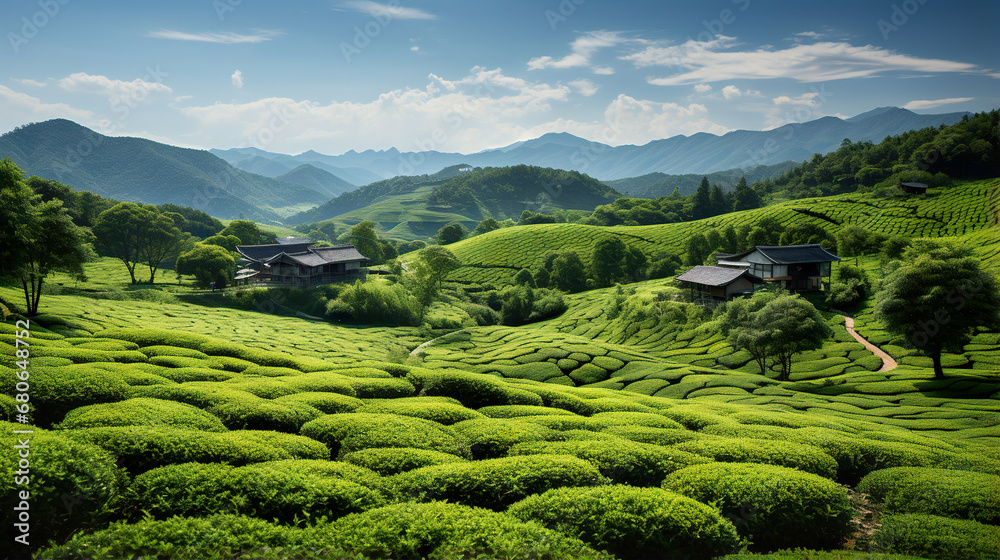 Lush green tea plantation in the mountains. Generative Ai