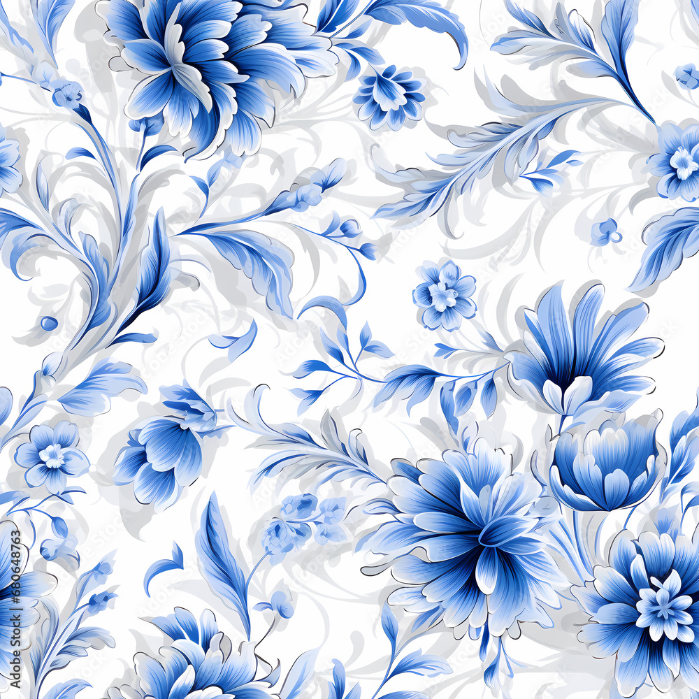 Colorful seamless pattern design of flowers, branches and buds in vintage painting style. Blue color palette. Colorful seamless pattern design of flowers, branches and buds in vintage painting style. Blue color palette.