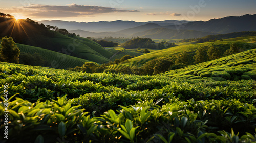 Lush green tea plantation in the mountains. Generative Ai