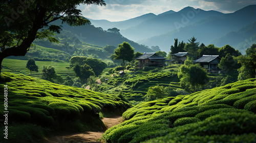 Lush green tea plantation in the mountains. Generative Ai