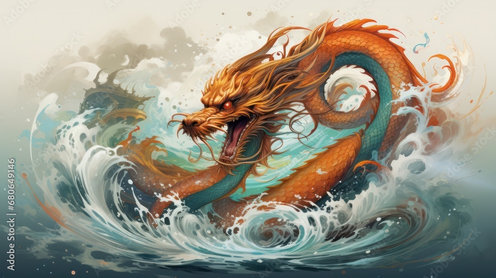 a painting of a dragon sitting on top of a body of water with a wave in the foreground and a splash of water around the body of water behind it. a painting of a dragon sitting on top of a body of water with a wave in the foreground and a splash of water around the body of water behind it.